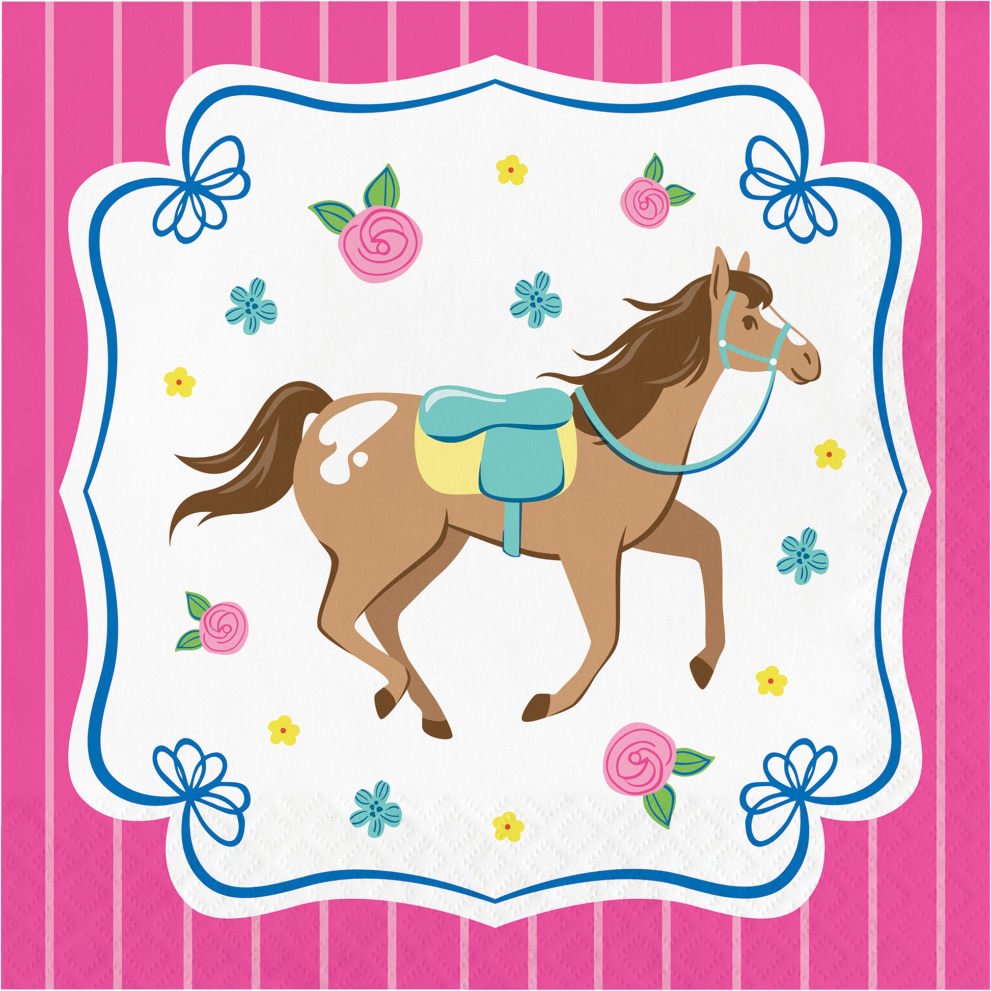 Napkin with horse illustration on a pink background with pink roses and flowers