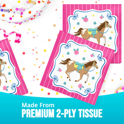 Horse-themed paper napkin with pink border and colorful confetti on a white background.