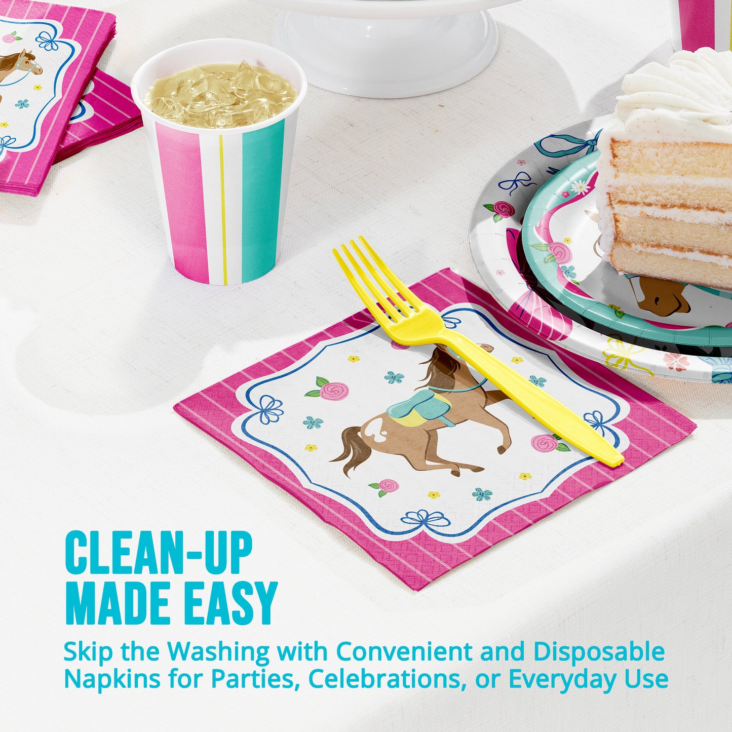 Disposable party supplies including cups, plates, and napkins with a horse design on a white surface. Featuring text "Clean-Up Made Easy".