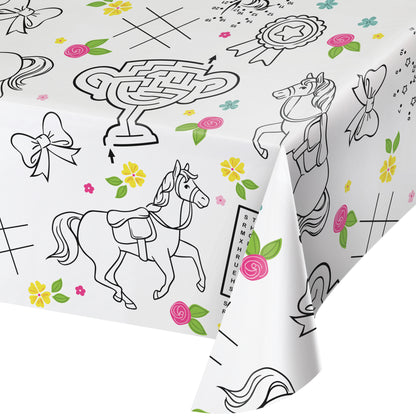 Coloring activity tablecloth  with horse and floral designs on a white background