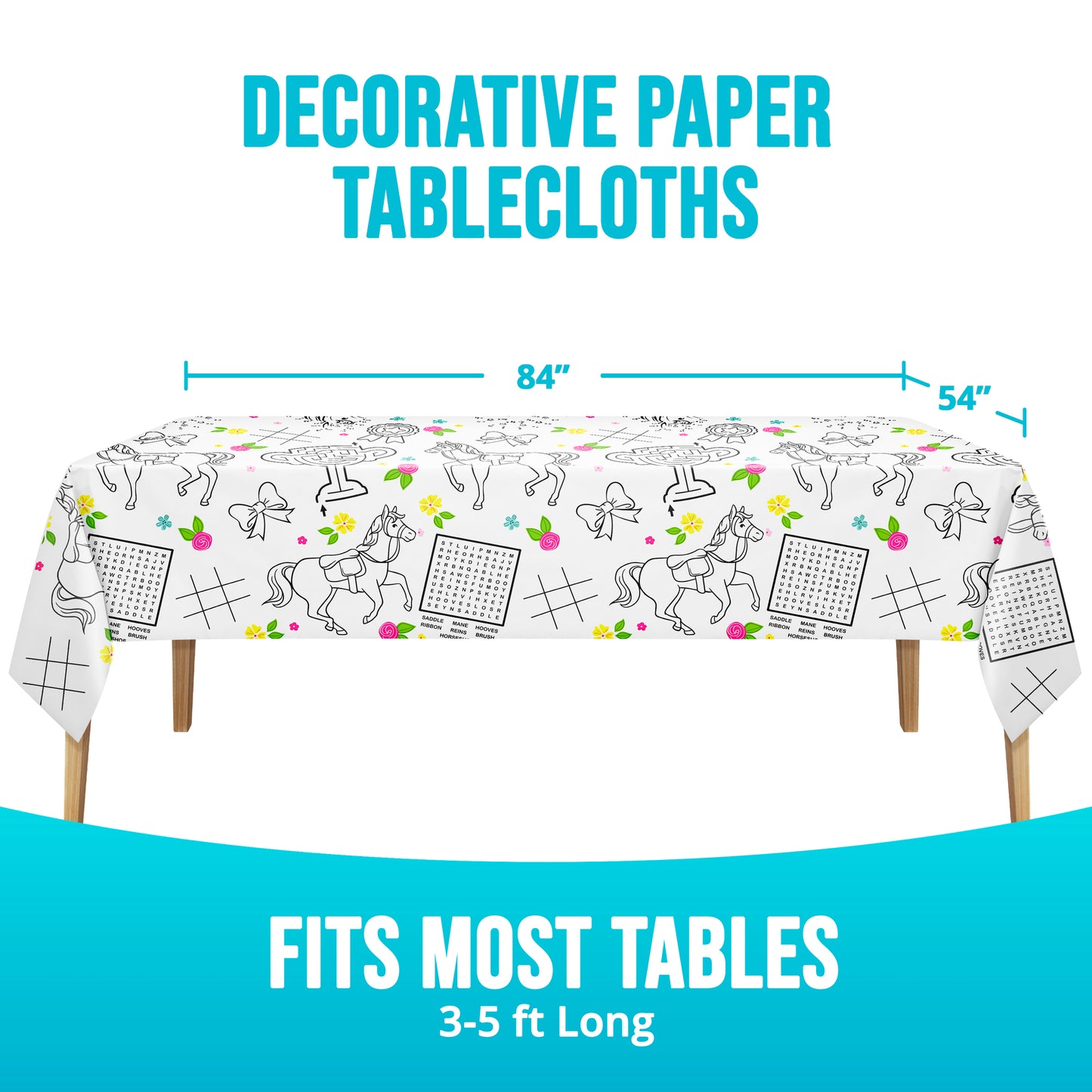 Decorative paper tablecloth with horses, bows, and activities with dimensions displayed. Text "Fits Most Tables 3-5 ft Long"