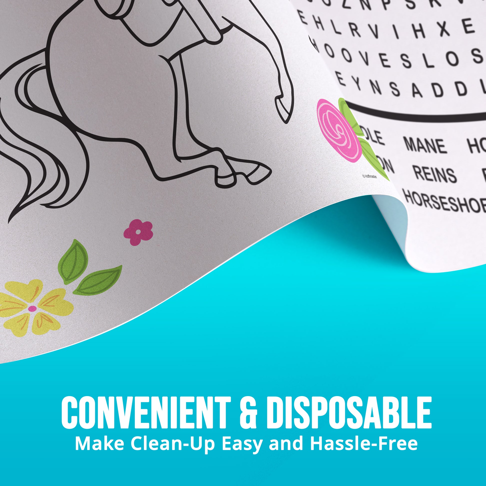 Disposable activity tablecloth with horse illustration and text on a blue background. Text saying "Convenient & Disposable"
