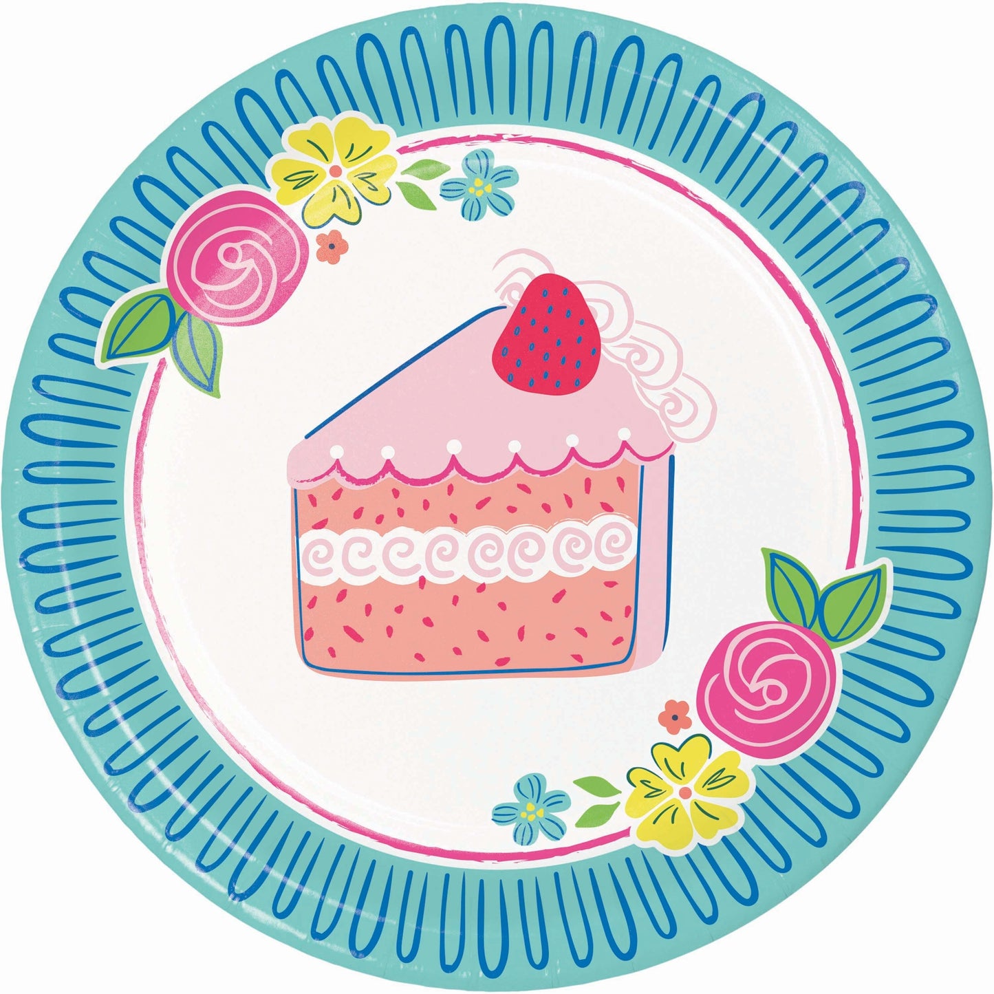 Decorative paper plate with a cake design and floral elements on a blue border.