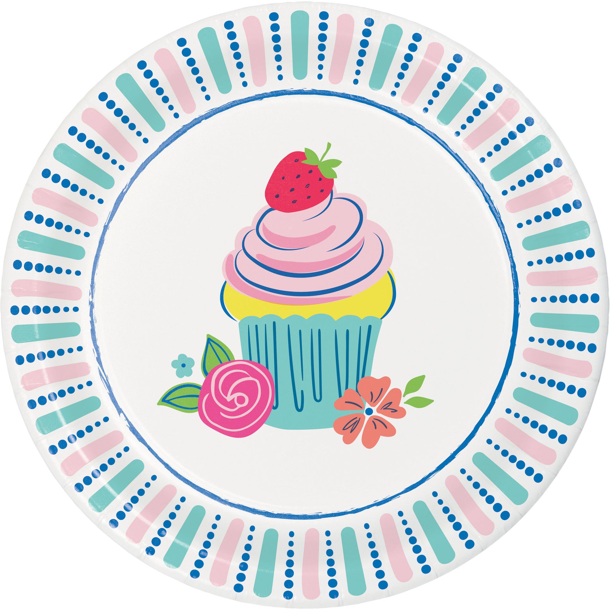 Decorative plate with a colorful cupcake design and striped border on a white background