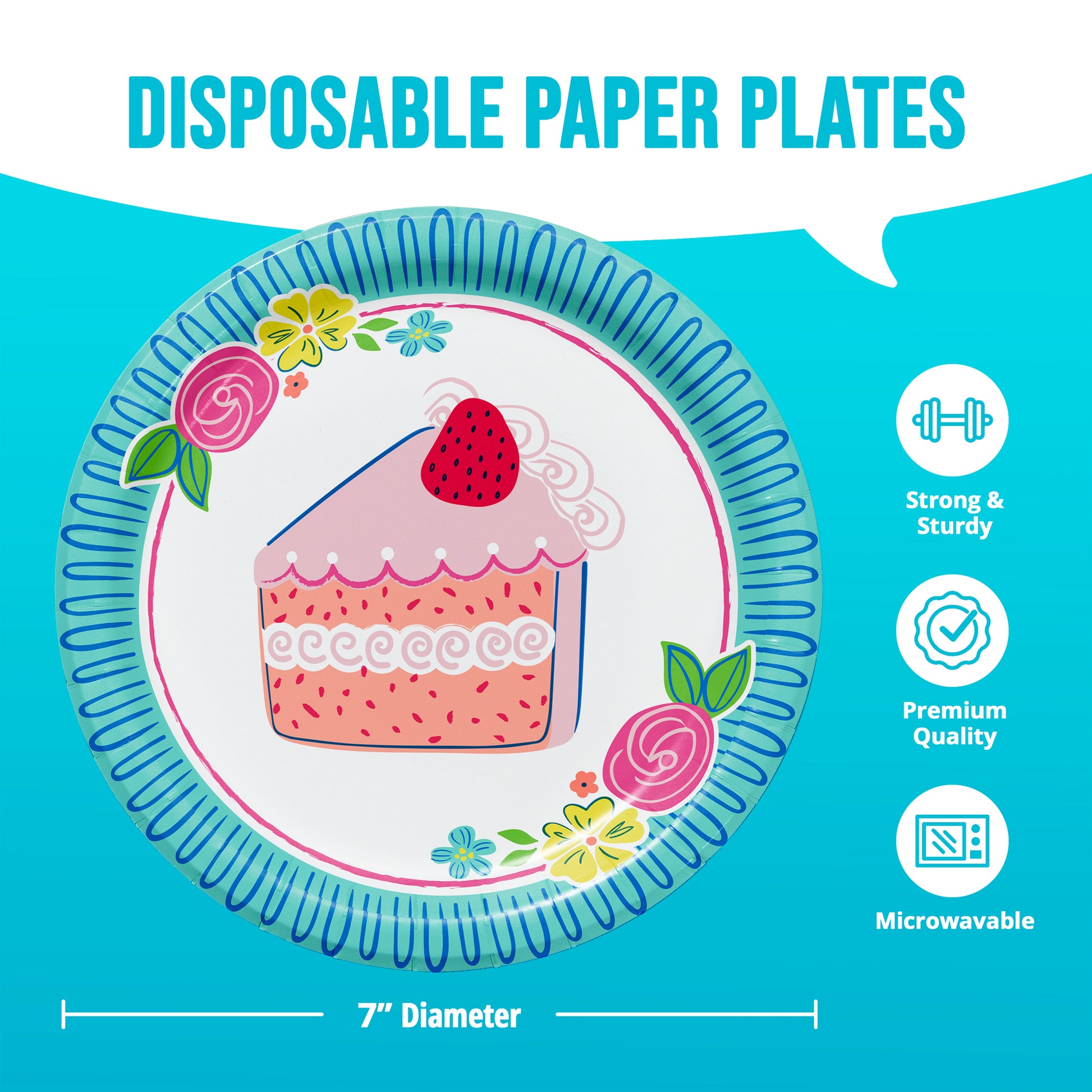 Disposable paper plate with cake design on a blue background, featuring icons and text about product features.