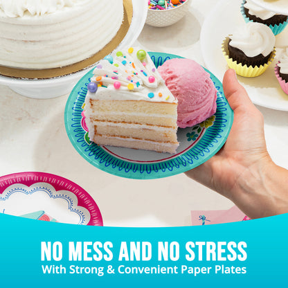Hand holding a slice of cake on a colorful paper plate with text 'No Mess and No Stress with Strong & Convenient Paper Plates'.
