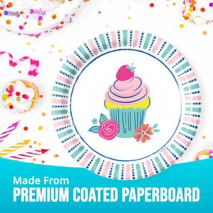 Colorful paper plates with cupcake design and text 'Made From Premium Coated Paperboard' on a white background.