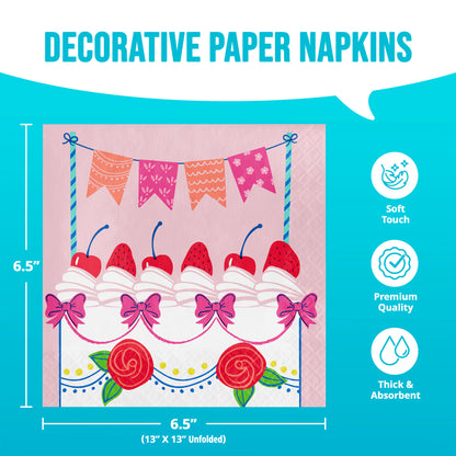 Decorative paper napkins with cake design on a blue background with infographic and dimensions