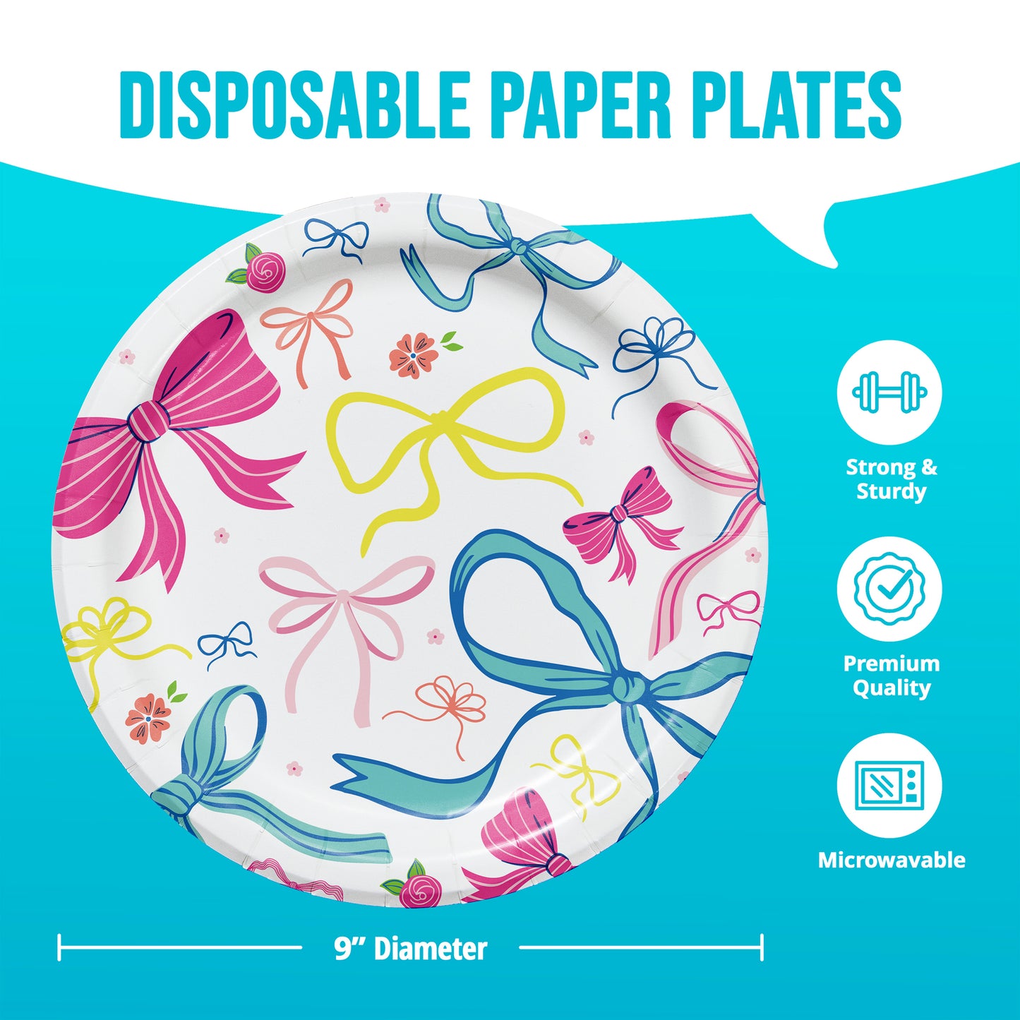 Disposable paper plate with colorful bows design on a blue background with dimensions and information