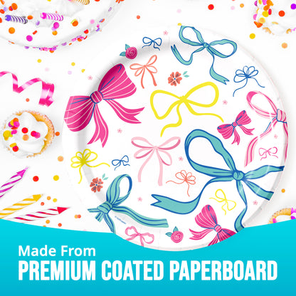 Decorative paper plates with colorful bows and confetti, made from premium coated paperboard.