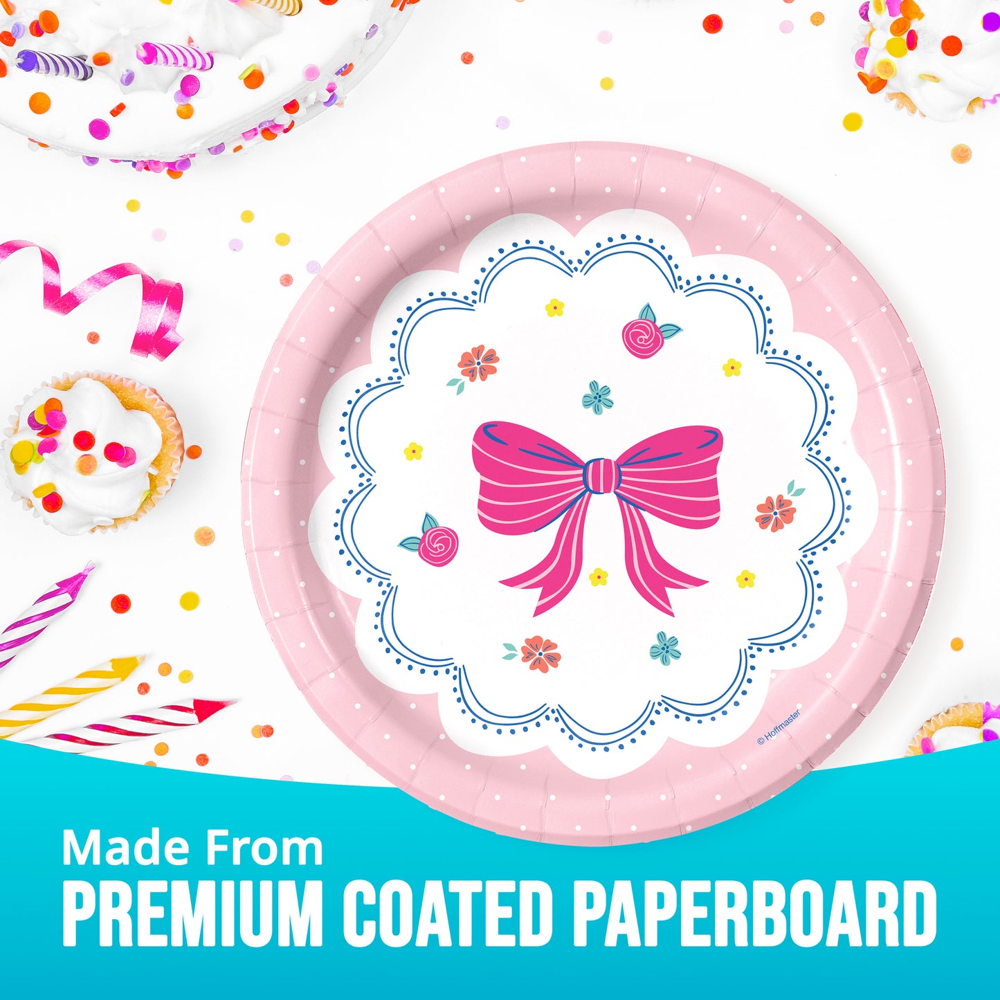 Paper plate with a pink bow design on a colorful background with "Made from Premium Coated Paperboard" text