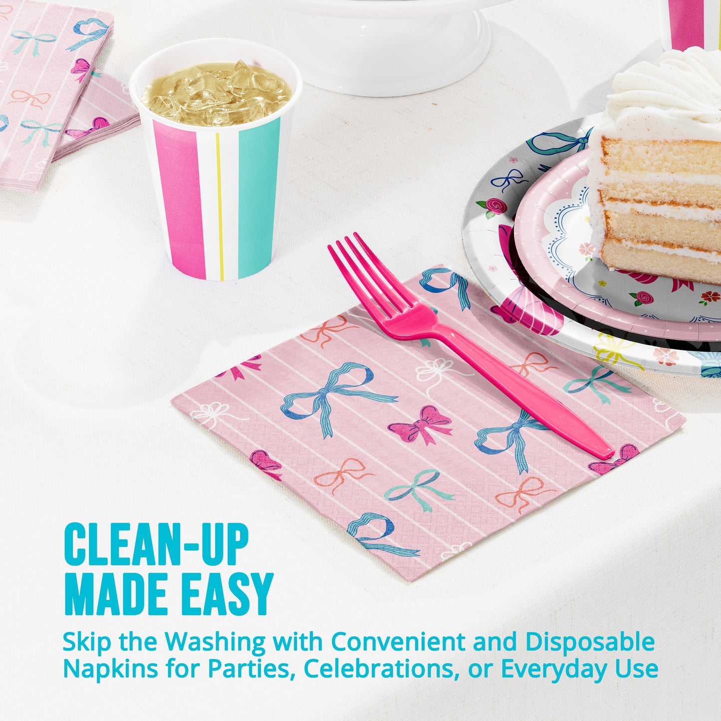 Disposable party supplies including pink napkins with bow designs, a pink fork, and a colorful cup on a white tablecloth. Text with "Clean-Up Made Easy"