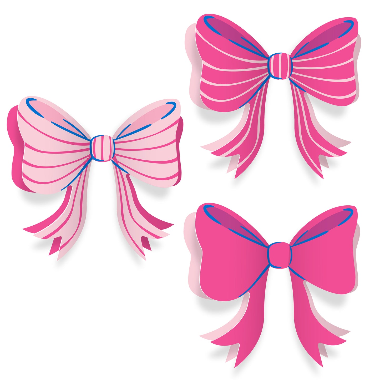Three pink bows with blue centers on a white background