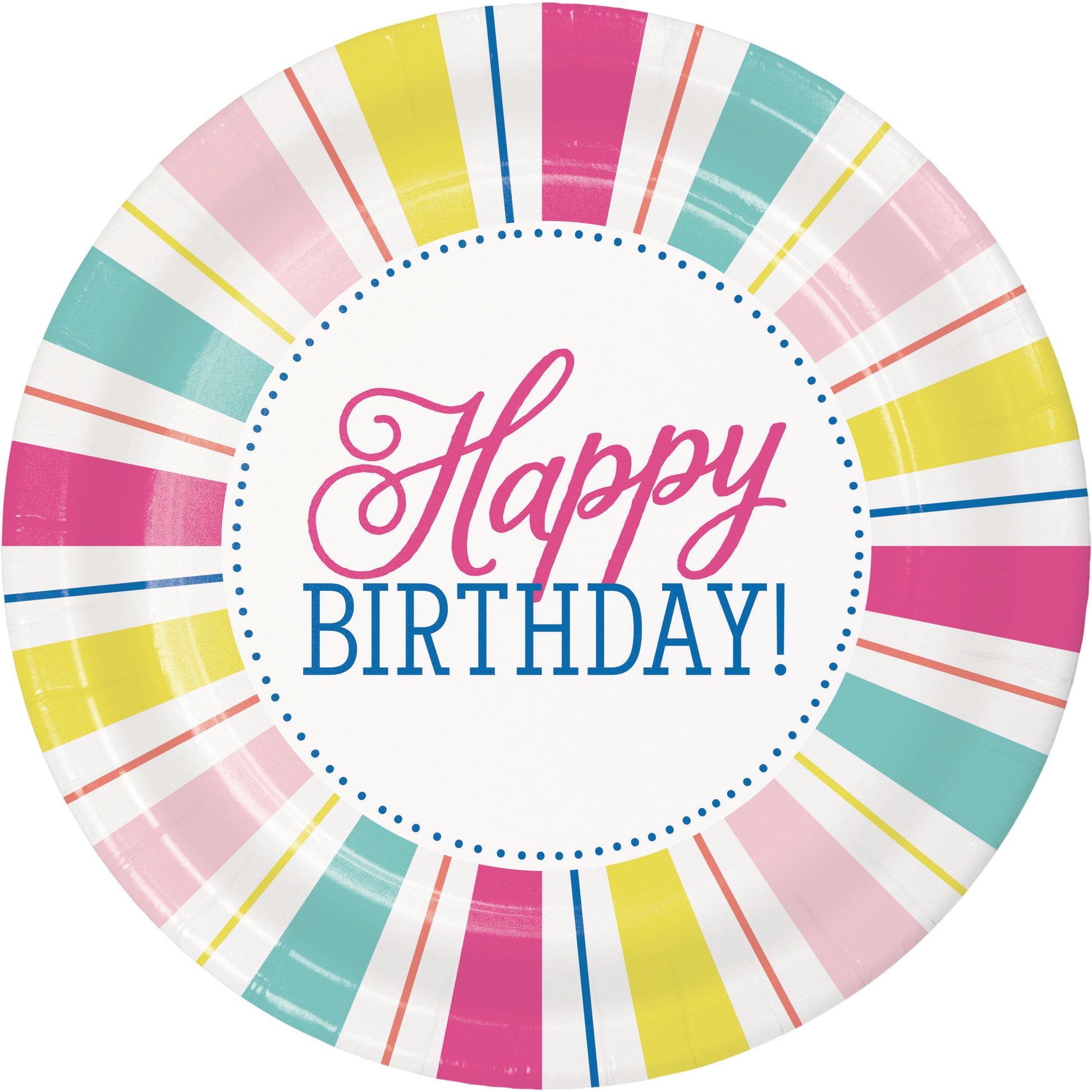 Colorful paper plate with 'Happy Birthday!' text on a white background