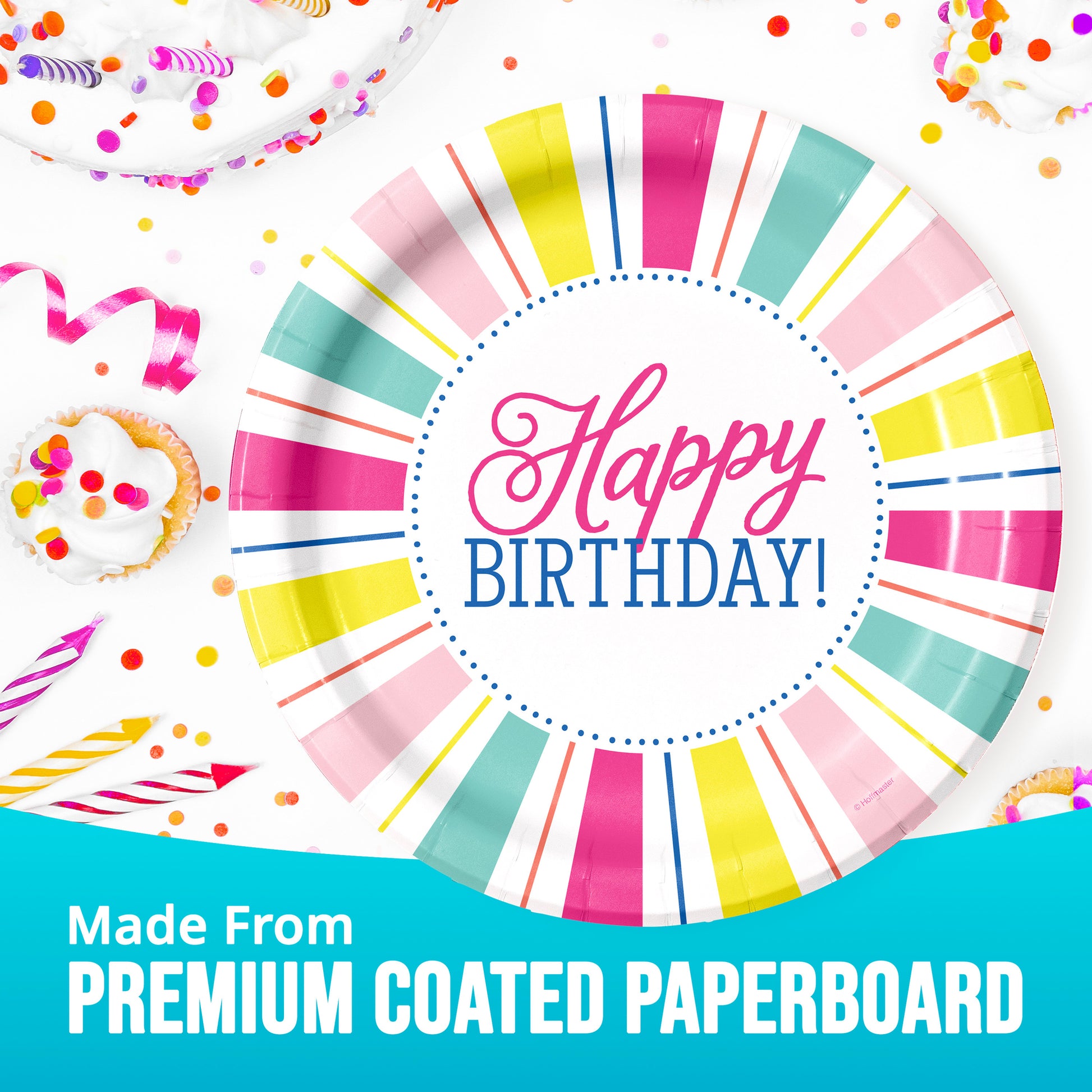 Colorful birthday-themed paper plates with 'Happy Birthday!' text and premium coated paperboard information.