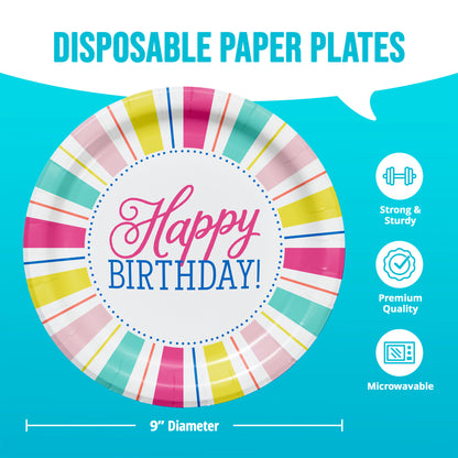 Colorful disposable paper plate with 'Happy Birthday!' text on a blue background with dimensions
