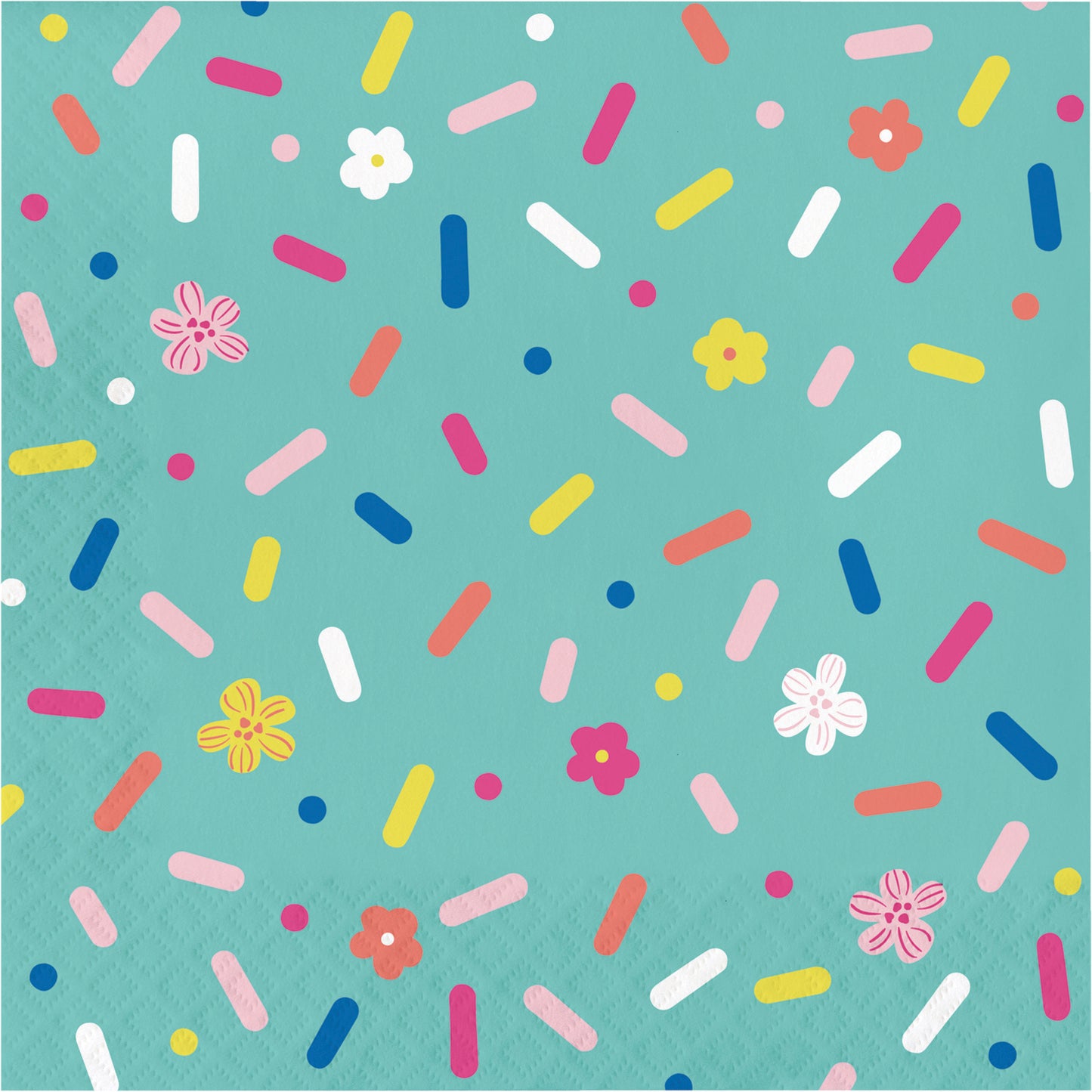 Napkin with colorful sprinkles and flowers on a teal background