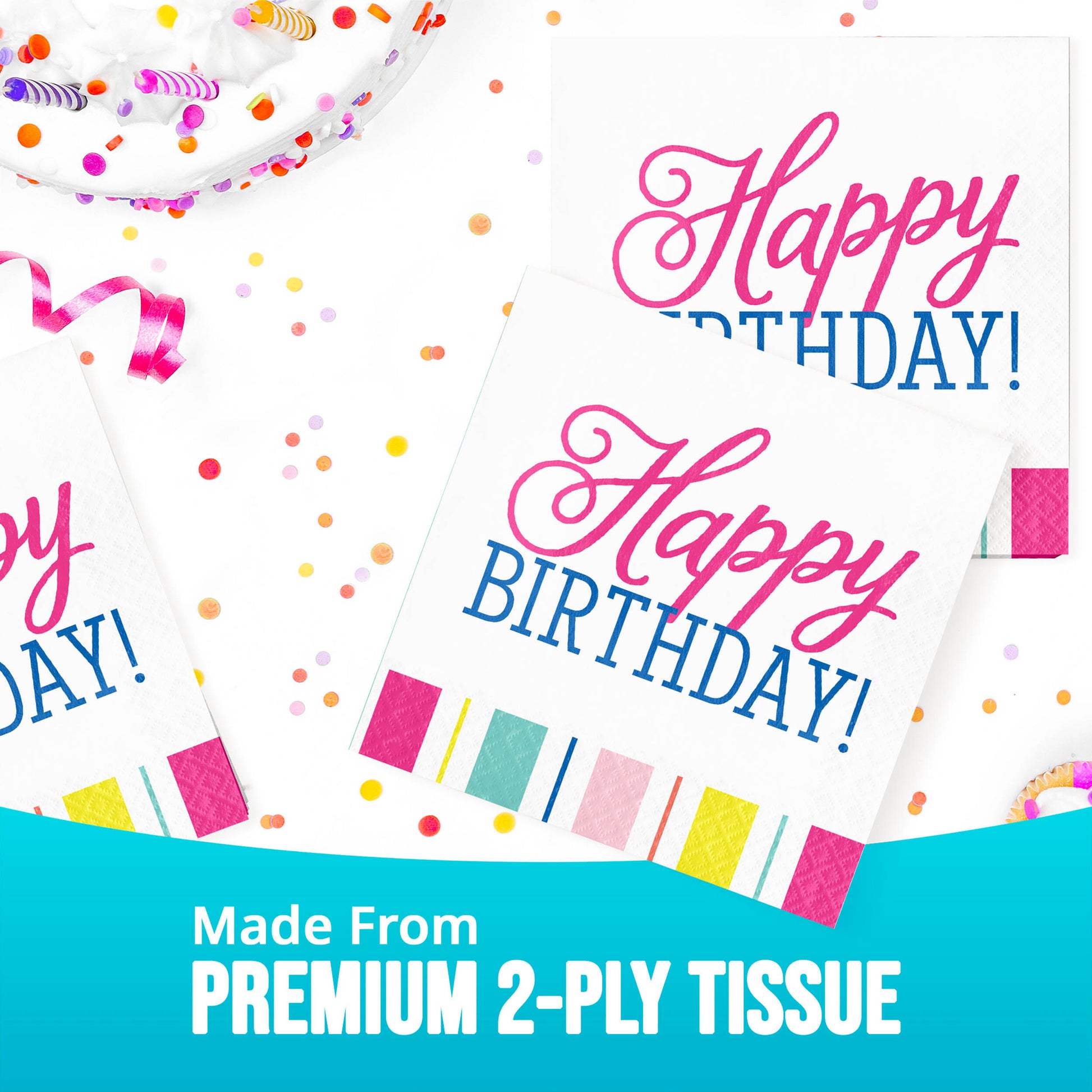 Happy Birthday napkins with colorful confetti and ribbons on a white background and "Made from premium 2-ply tissue" text