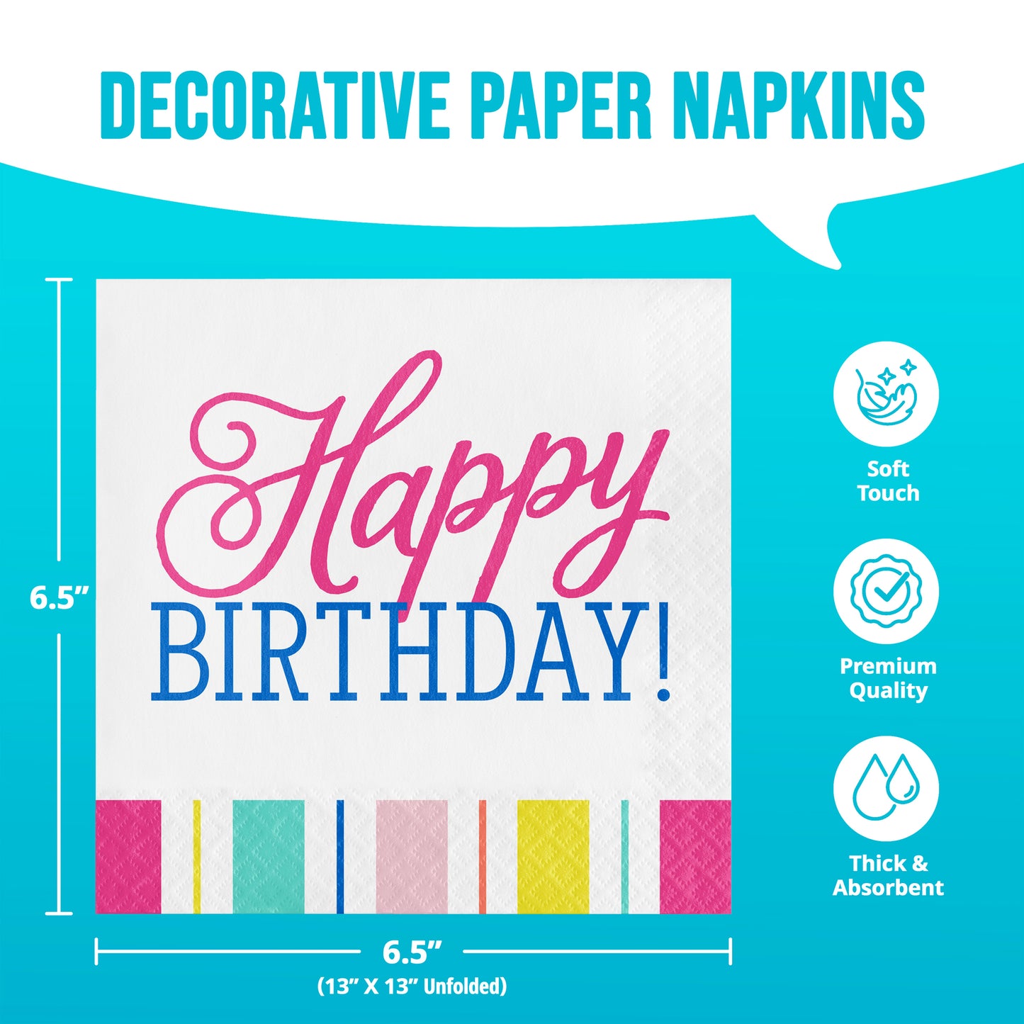 Napkin with colorful trim and "Happy Birthday!" text on a blue background with infographics and dimensions