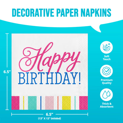 Napkin with colorful trim and "Happy Birthday!" text on a blue background with infographics and dimensions