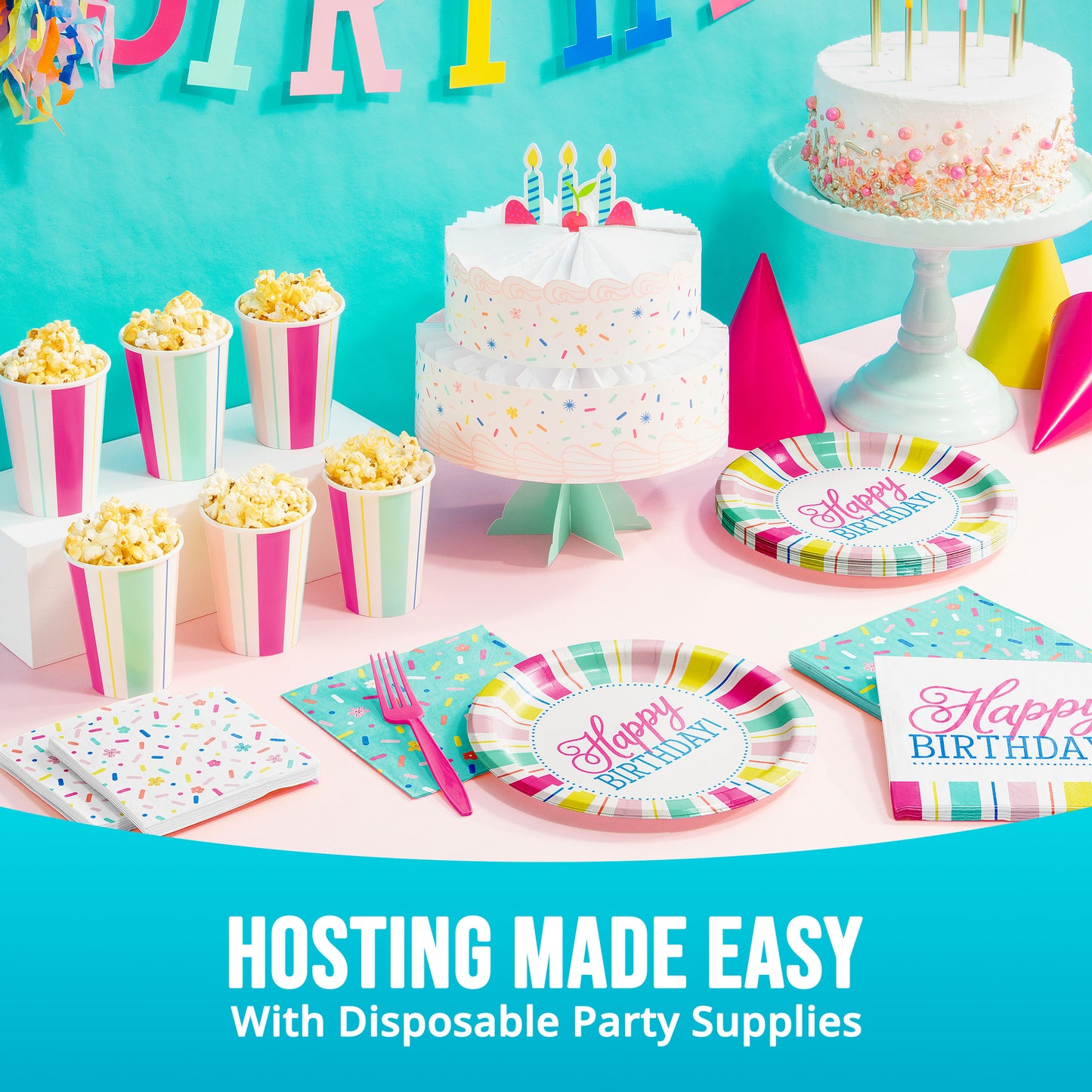 Birthday party setup with cake, popcorn, and colorful plates on a table against a blue background with "Hosting Made Easy" text