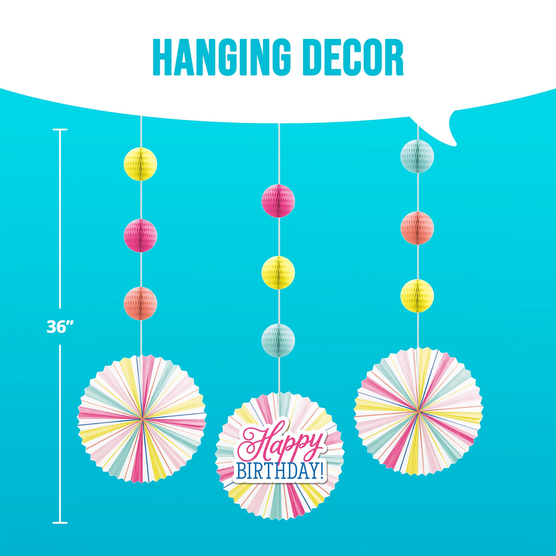 Colorful hanging birthday decor with paper balls and fans on a blue background with dimensions shown