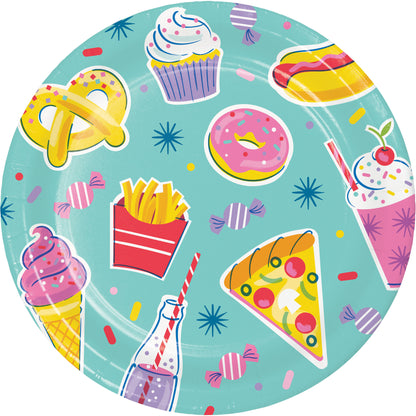 Colorful plate with various food illustrations on a blue background