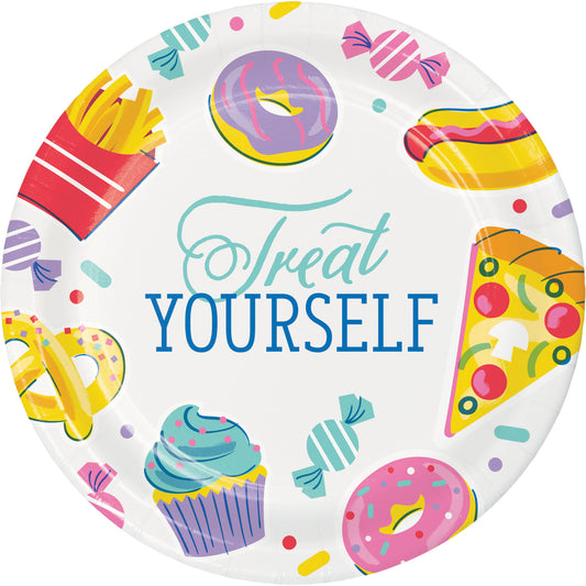 Colorful plate with cartoon food illustrations and 'Treat Yourself' text on a white background