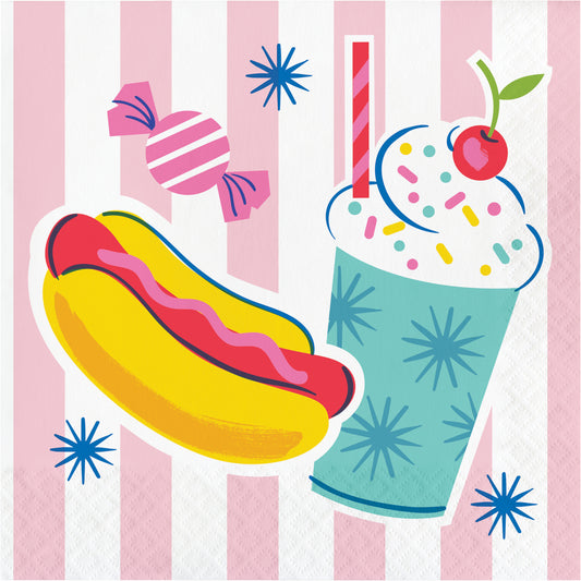 Cartoon hot dog and milkshake on a pink striped napkin
