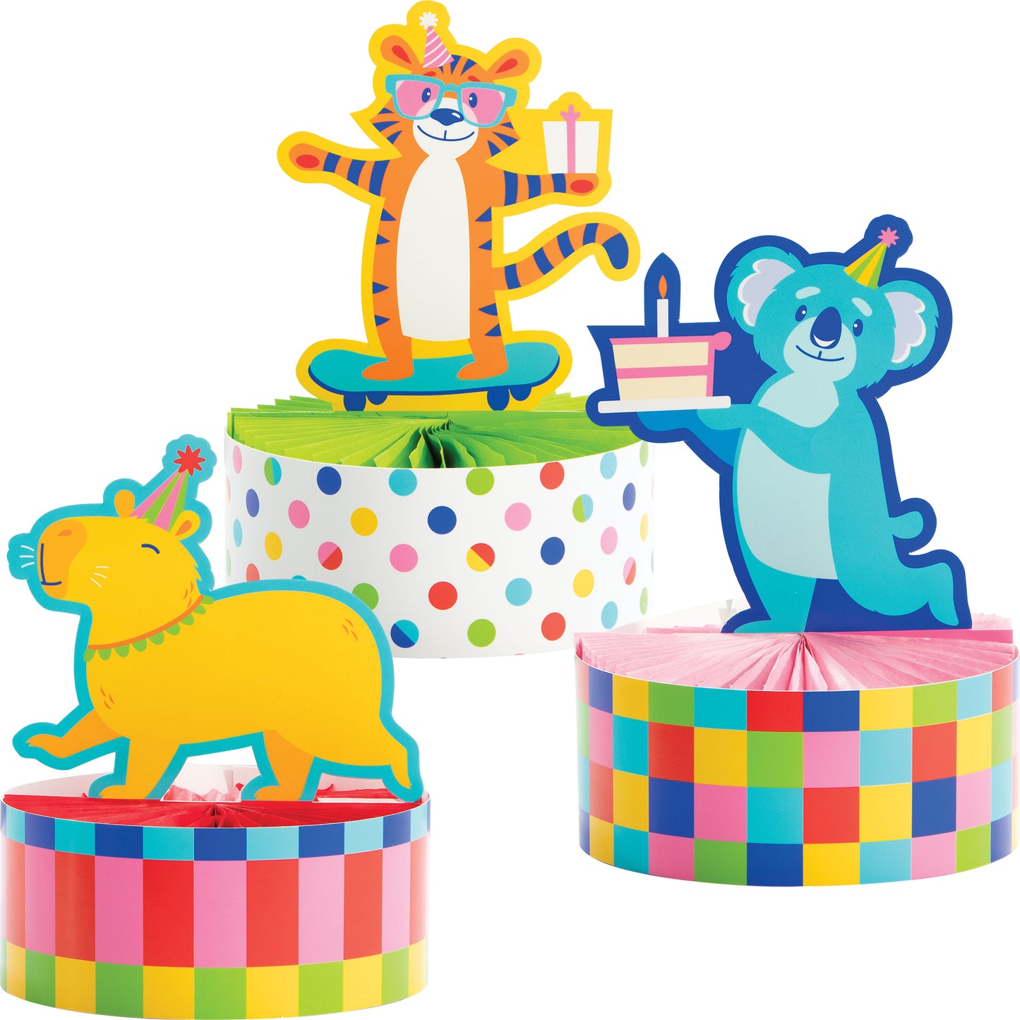 Colorful animal-themed honeycomb centerpieces with a white background.