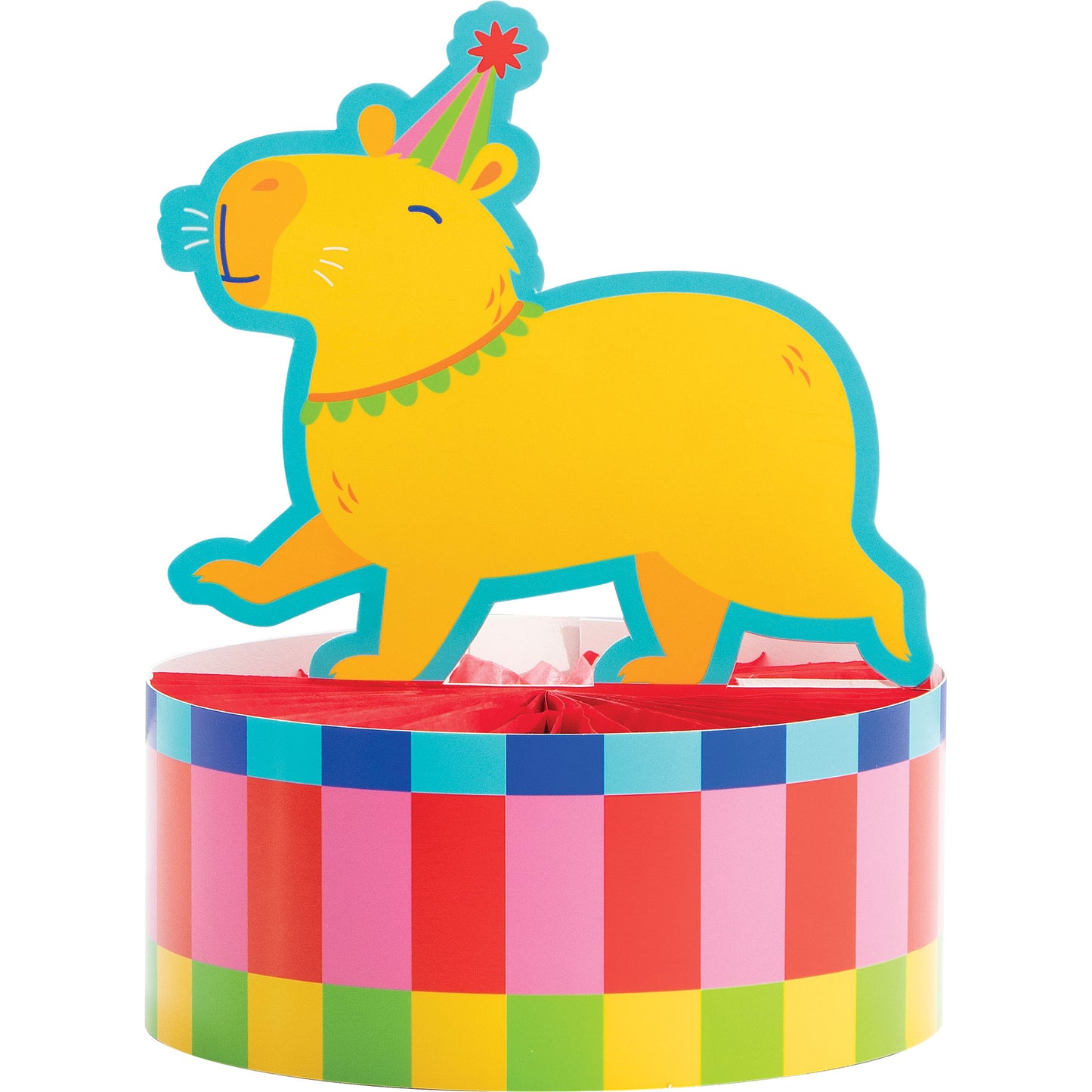 Colorful capybara-shaped centerpiece with a checkered base on a white background