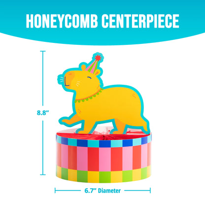 Colorful capybara honeycomb centerpiece with dimensions on a white background