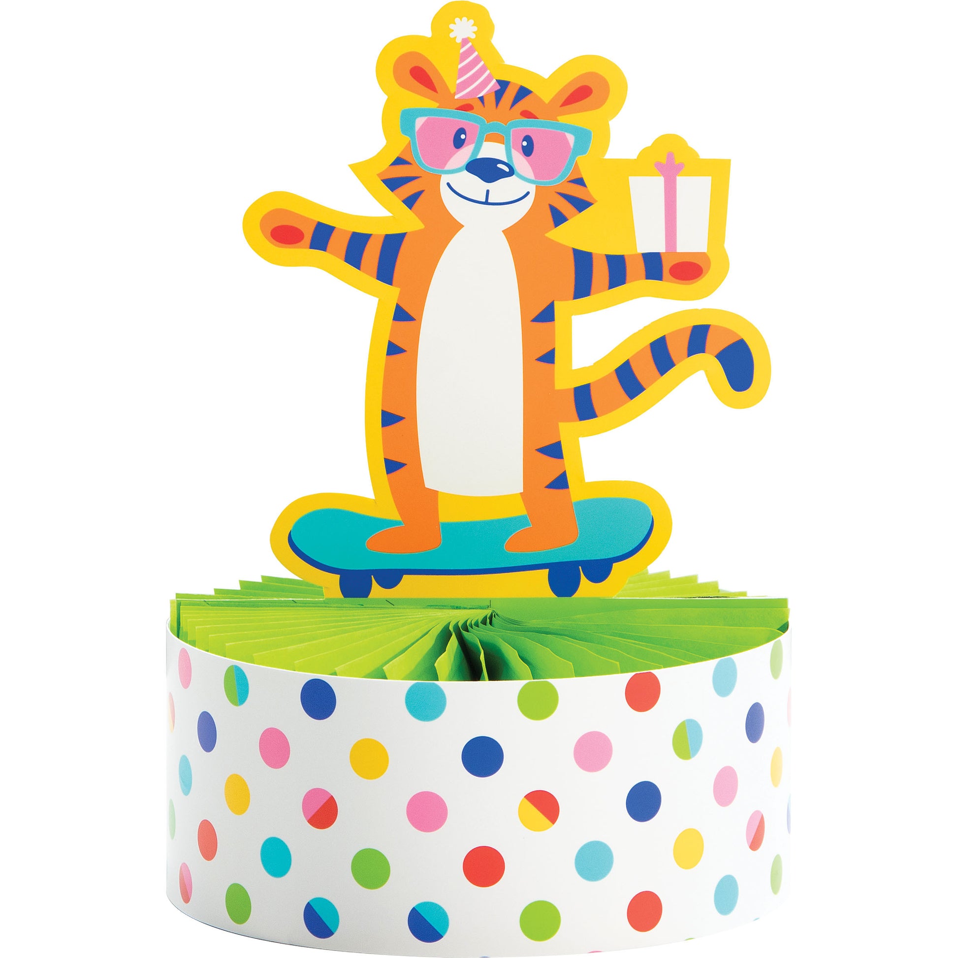 Colorful tiger honeycomb centerpiece with polka dot base on a white background