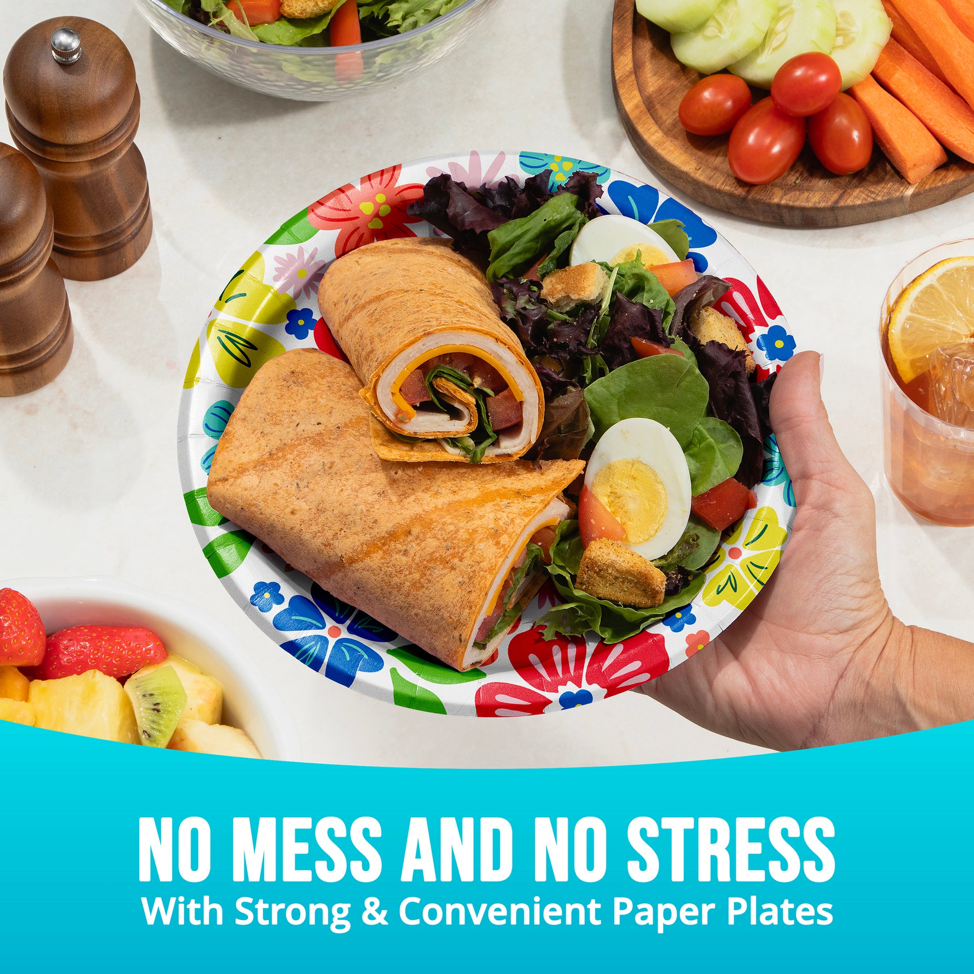 Colorful paper plate with a wrap and salad, surrounded by vegetables and a drink, with text 'No Mess and No Stress'.