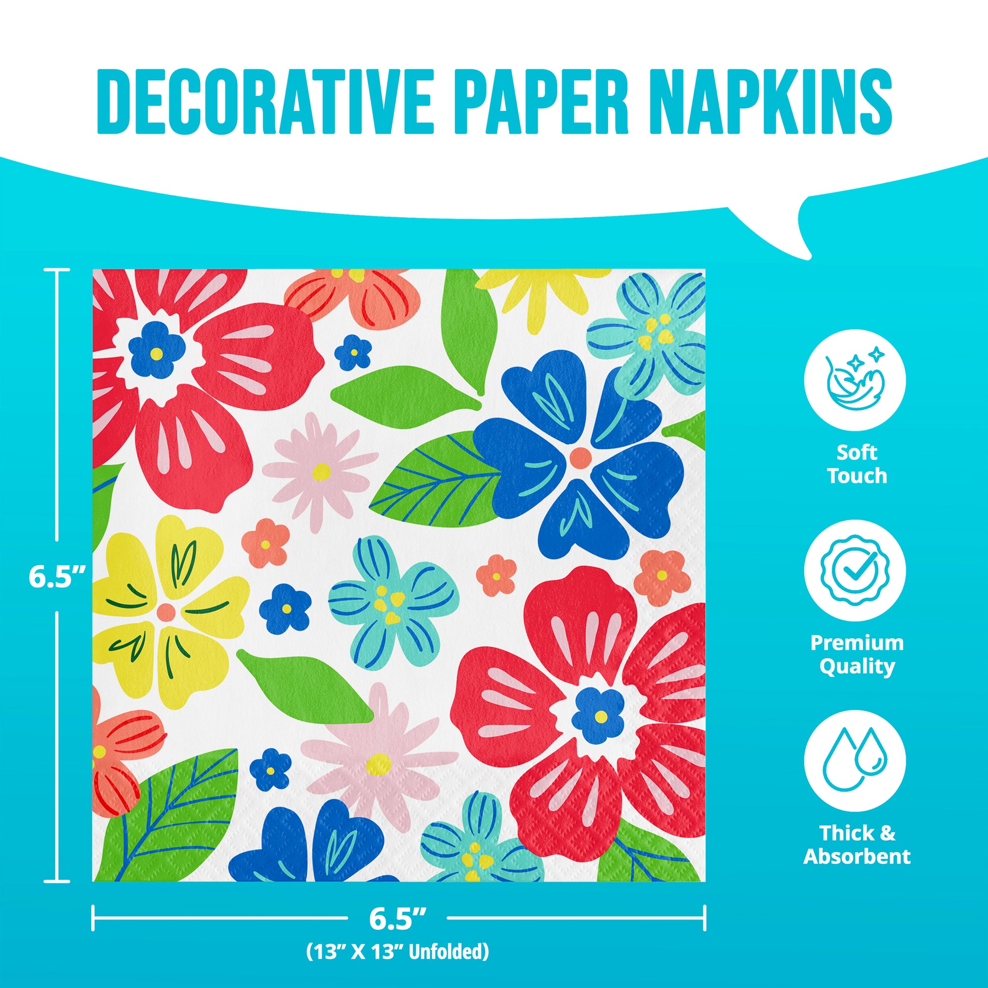 Decorative paper napkins with colorful floral design on a blue background with dimensions