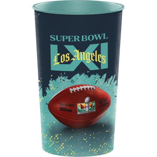 A disposable plastic cup with the NFL Super Bowl LXI logo printed in blue and grey with a football