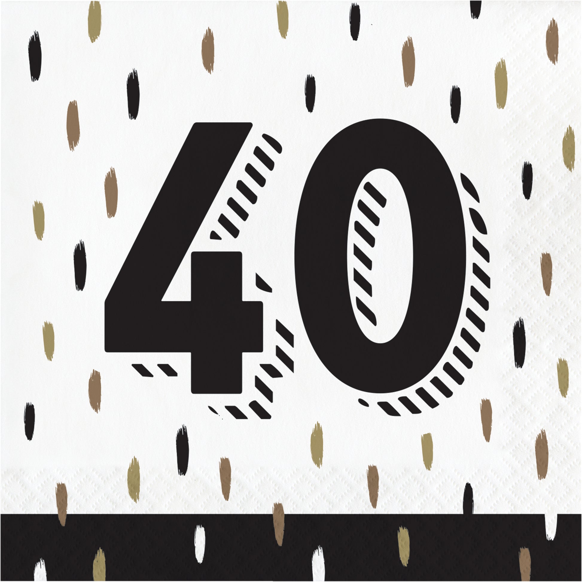 Napkin with the number 40 printed on it against a white background with black and gold confetti-like patterns.