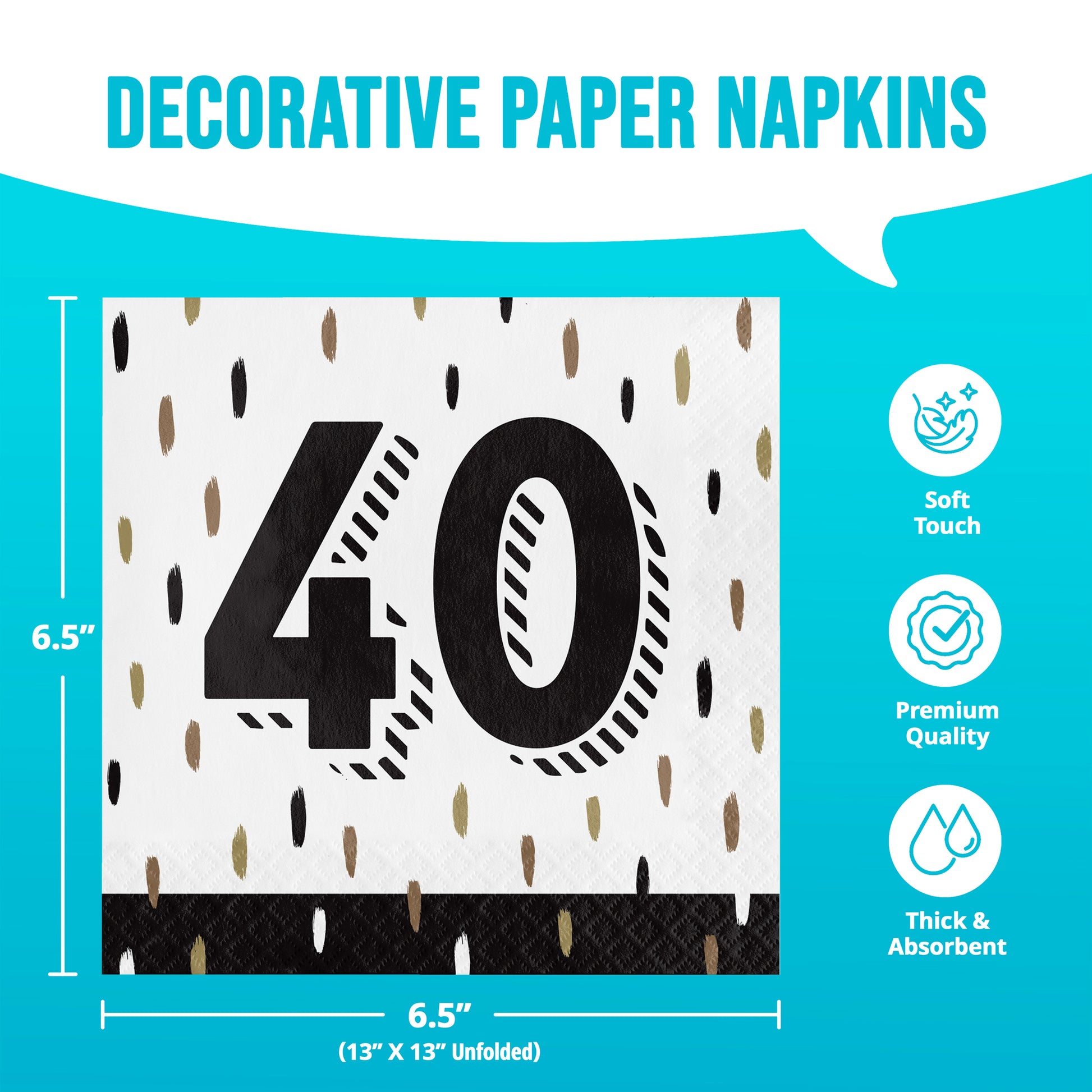 Decorative paper napkins with number 40 design on a blue background with dimensions