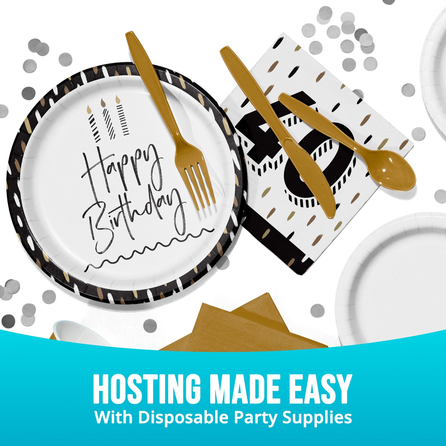 Disposable party supplies including plates, napkins, and cutlery with 'Happy Birthday' and "40" text on a white background.