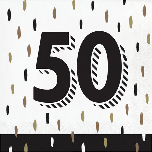 Napkin with black number '50' on a white background with black and gold dots paint brush strokes