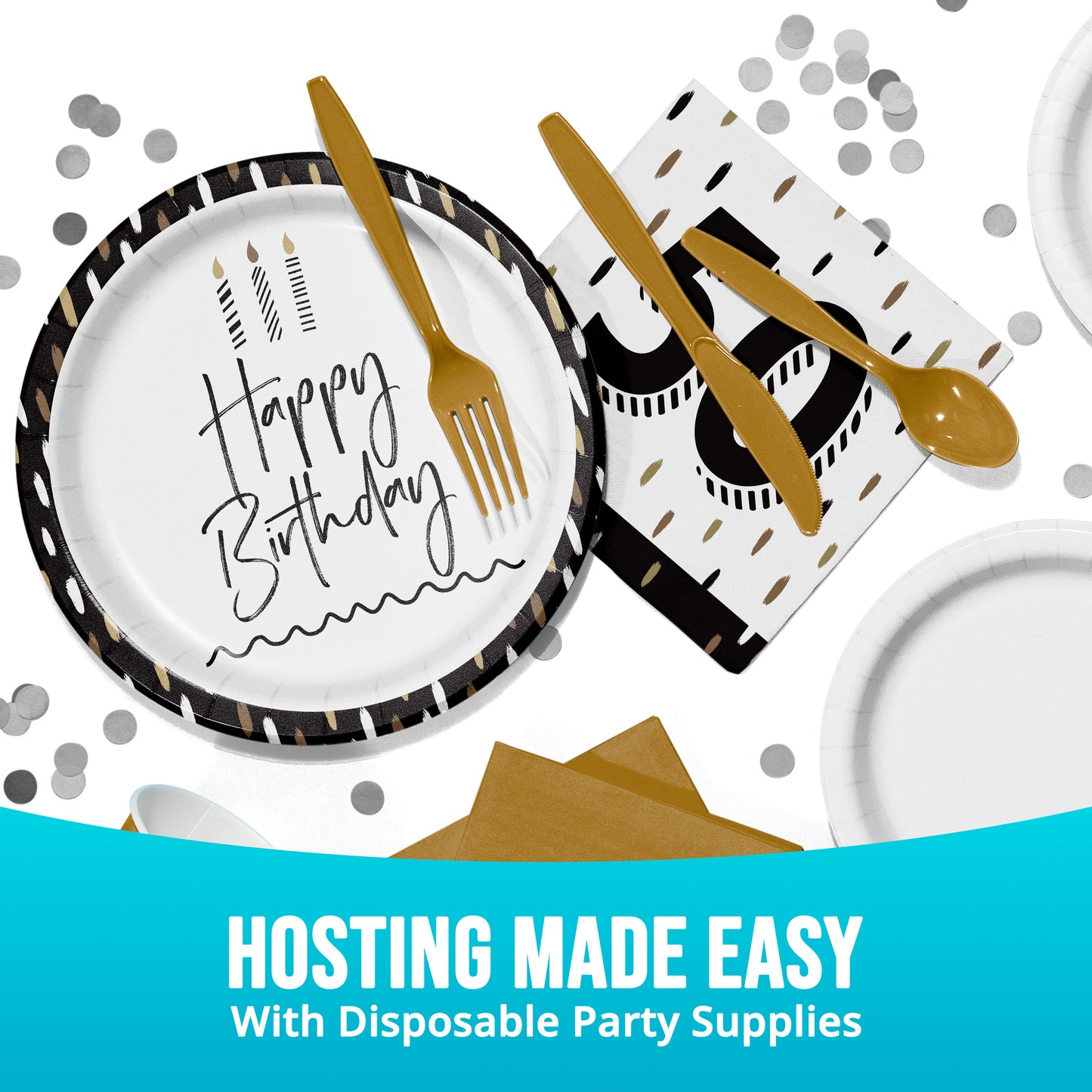 Disposable party supplies with 'Happy Birthday' plates, gold cutlery, and napkins on a white background.