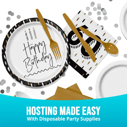 Disposable party supplies including plates, cutlery, and napkins with 'Happy Birthday' and '60' text on a white background.