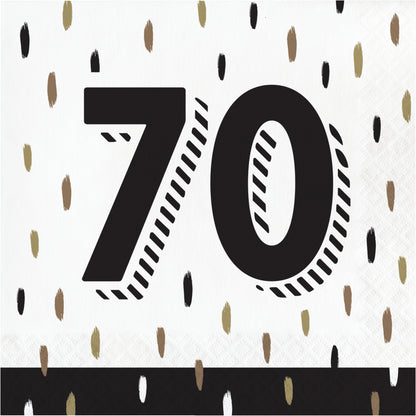 Napkin with number '70' on a decorative background with black and gold accents