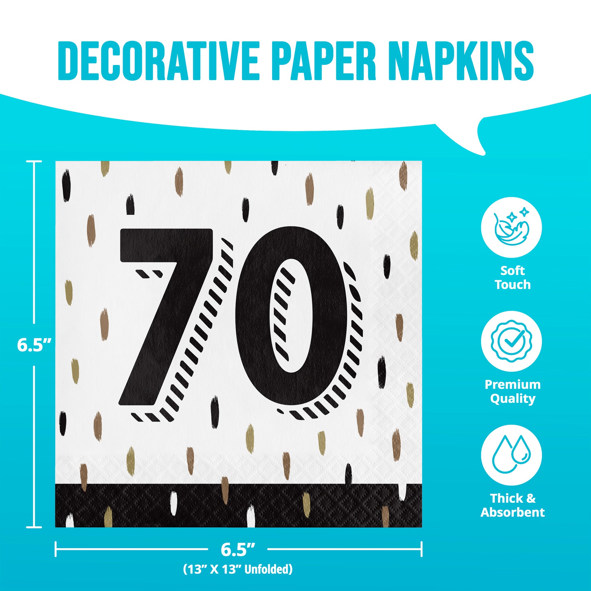 Decorative paper napkins with number 70 design on a blue background with dimensions