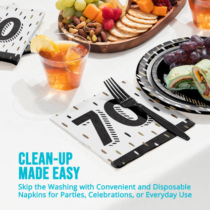 Disposable napkins with cutlery on a table with food and drinks, featuring text 'Clean-up Made Easy'.
