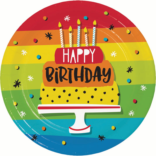Colorful birthday cake plate with candles and 'Happy Birthday' text on a rainbow background.