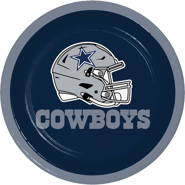 A round, navy-colored dessert plate with the Dallas Cowboys logo and a helmet design in the center.