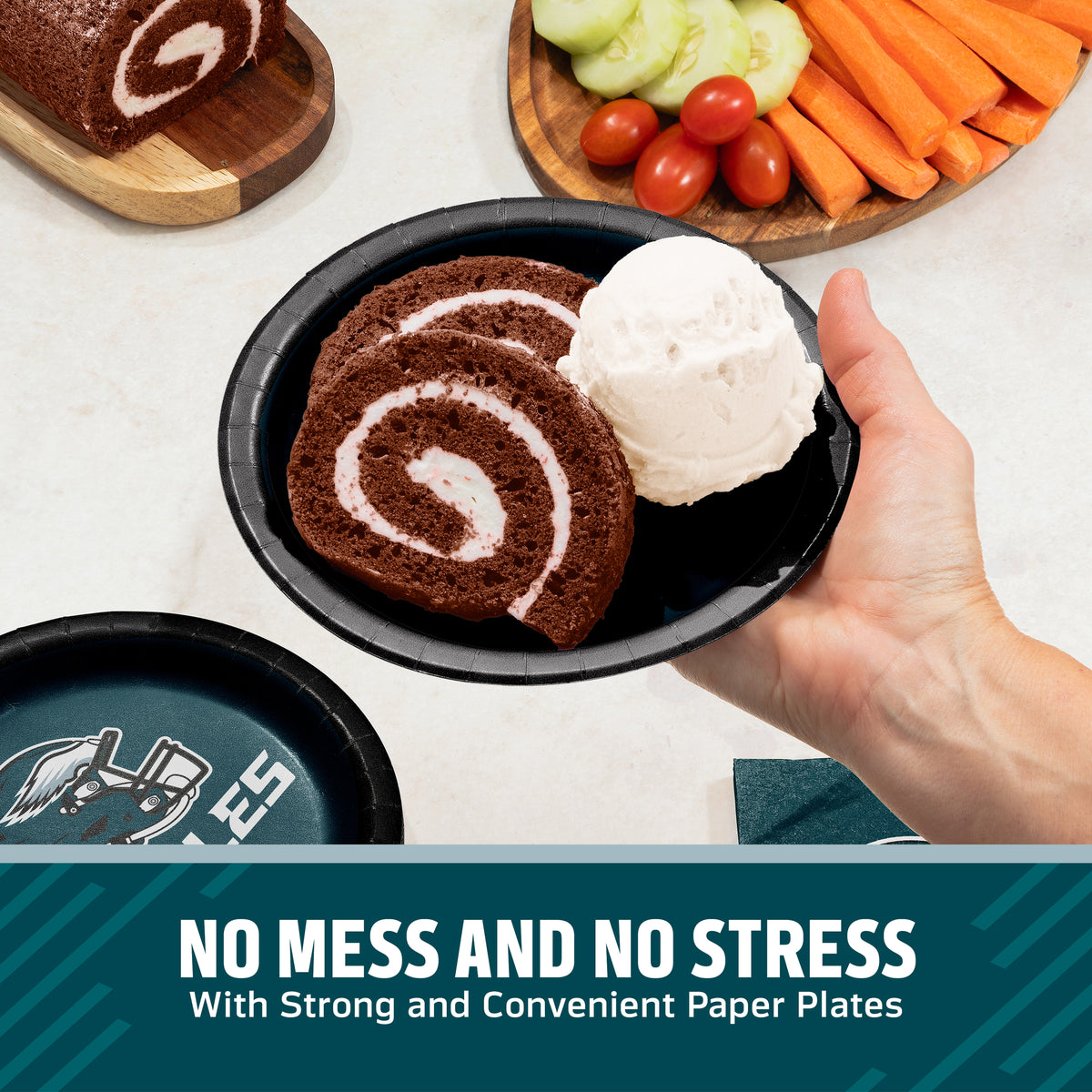 A hand holds a teal paper plate with slices of chocolate cake and a scoop of vanilla ice cream, with a branded plate lid visible at the bottom left. A top banner reads 'NO MESS AND NO STRESS With Strong and Convenient Paper Plates.