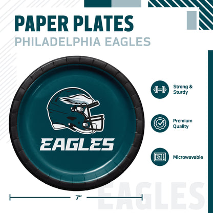 Philadelphia Eagles themed paper plates set, featuring a 7-inch plate with the team logo and name. The graphic includes product features icons indicating it is strong and sturdy, premium quality, and microwaveable.