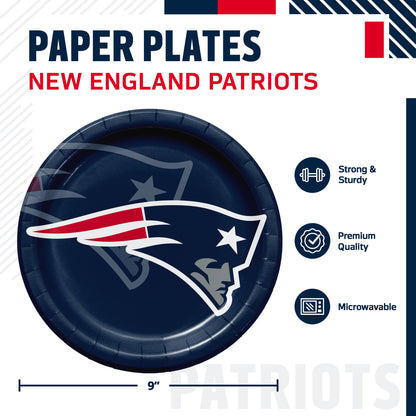 New England Patriots themed paper plates set, featuring a navy blue plate with the Patriots logo. The graphic includes product details, dimensions (9 inches), and feature icons indicating strong and sturdy construction, premium quality, and microwave compatibility.